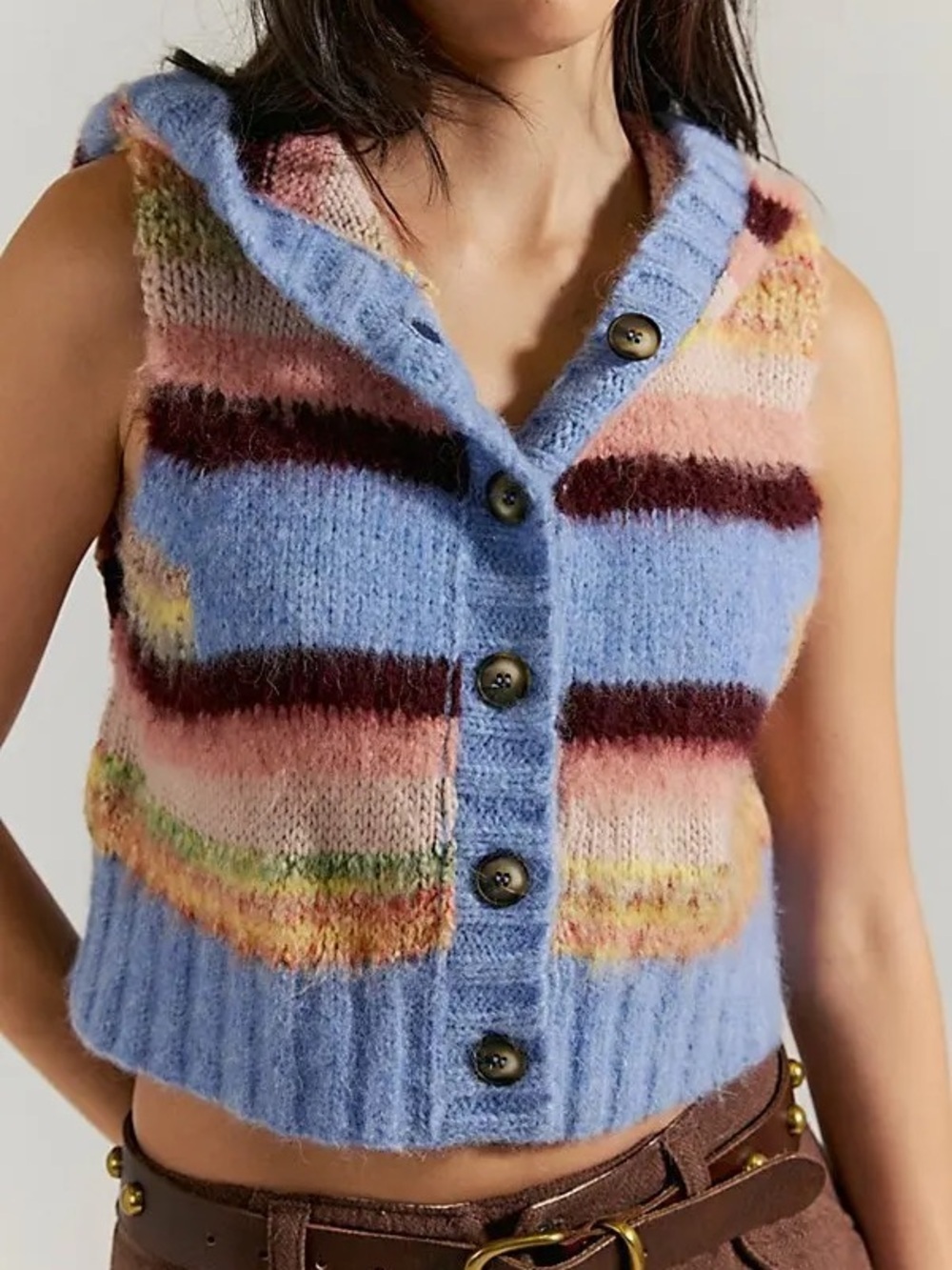 NWT Free People Rosetta Knit Wool Hooded Sweater Vest in Stripes